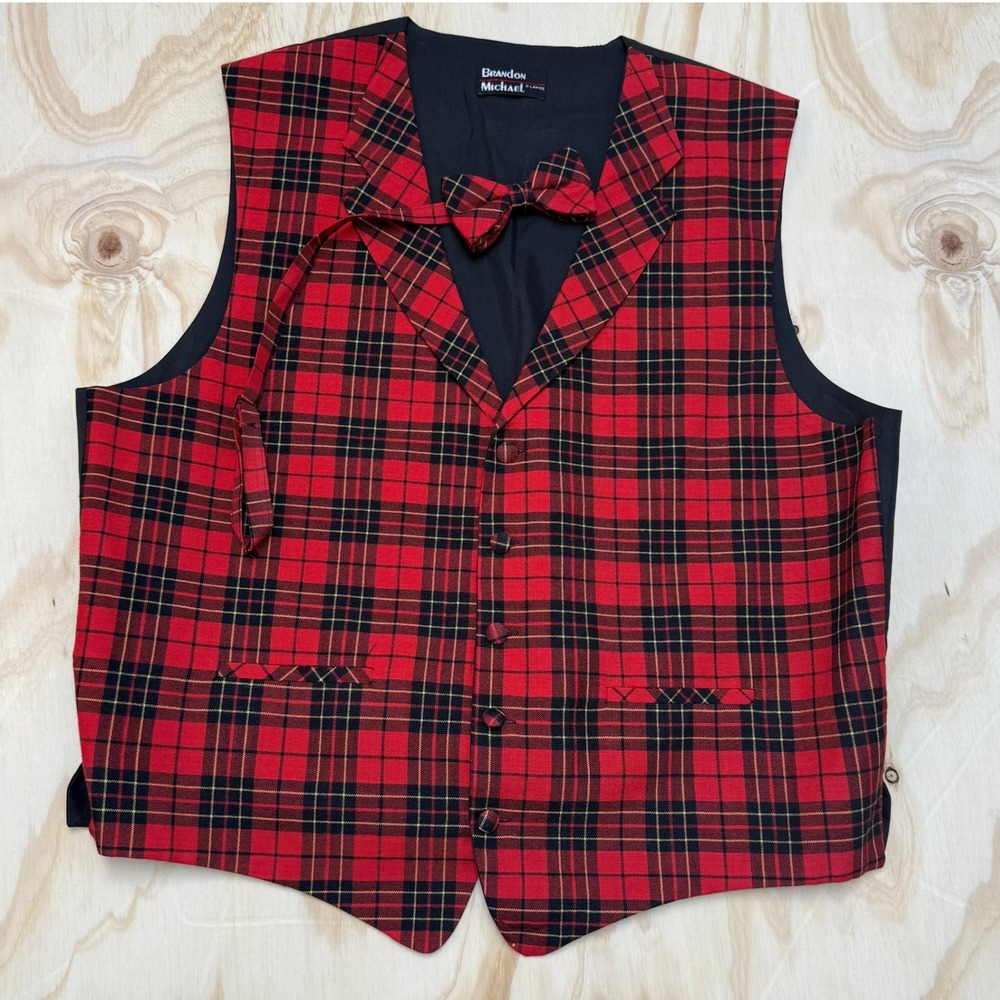 Vintage Brandon Michael Red Plaid 100% Wool Vest Bowtie Set XL Made in USA